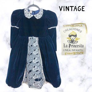 VTG Girls Blue Velvet White Lace La Princesita Victorian Princess Dress Sz 6